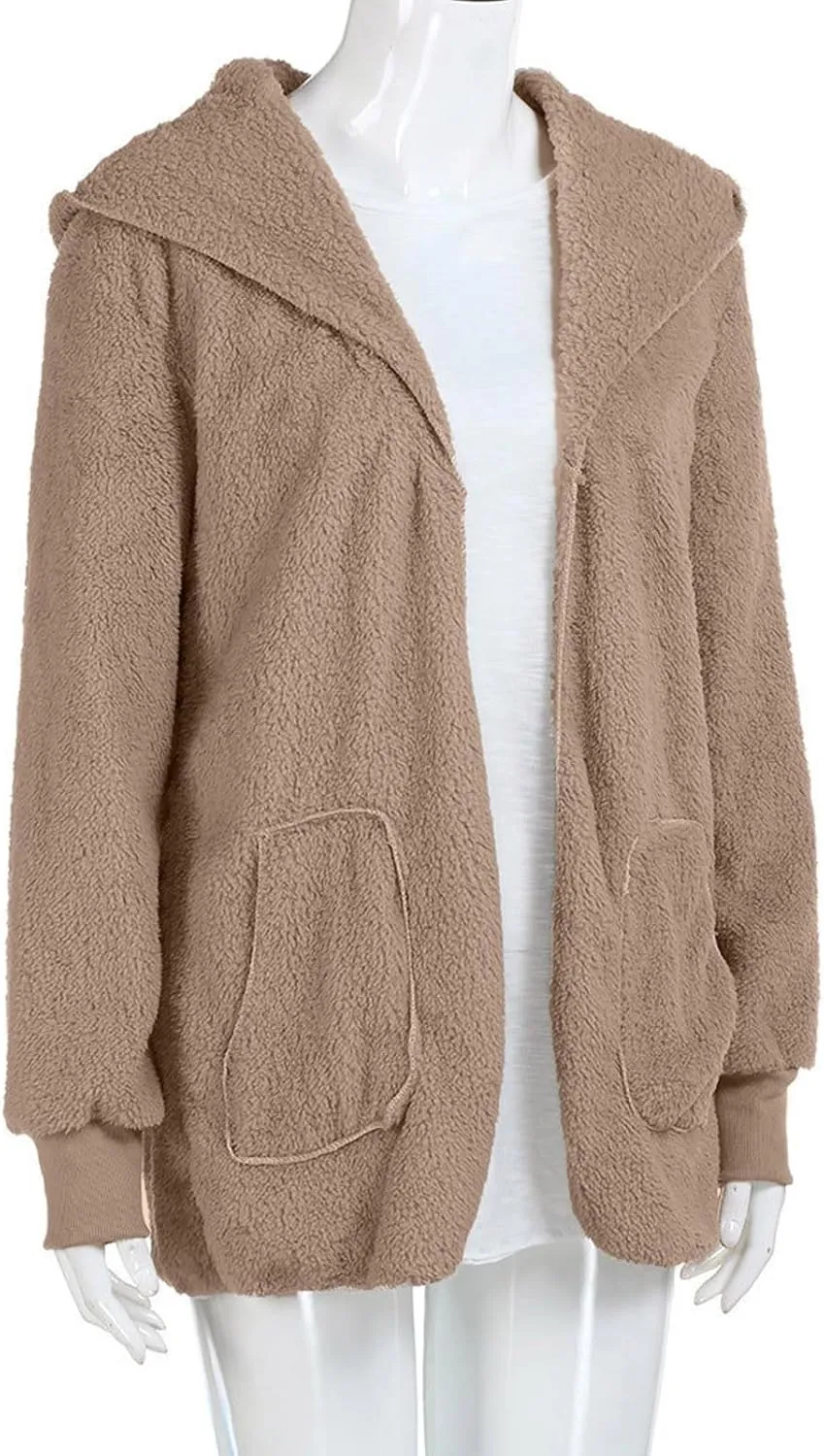 Sherpa Jacket Women Baggy Fuzzy Fleece Open Front Hooded Cardigans Jacket Fluffy Winter Coats Outerwear with Pockets