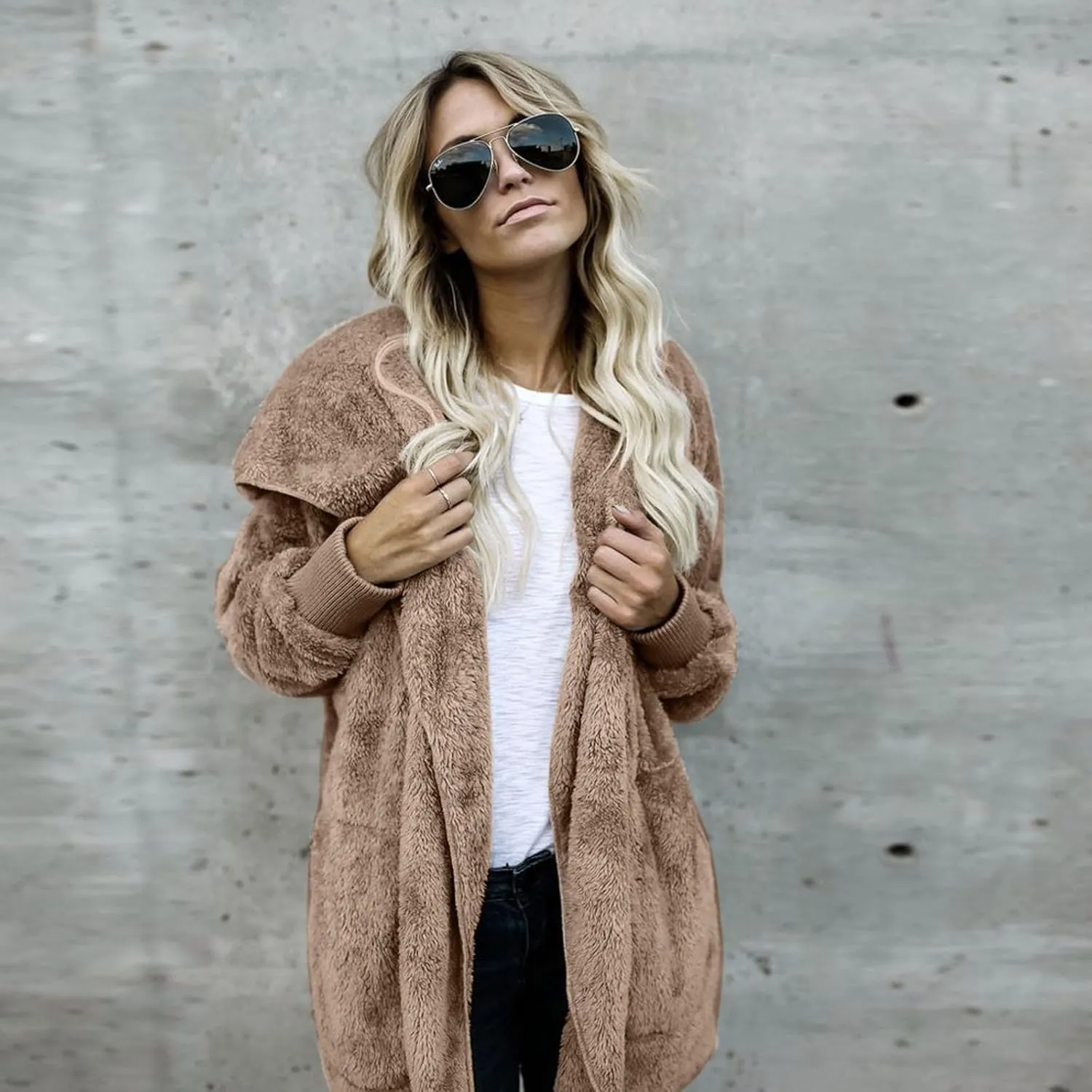 Sherpa Jacket Women Baggy Fuzzy Fleece Open Front Hooded Cardigans Jacket Fluffy Winter Coats Outerwear with Pockets