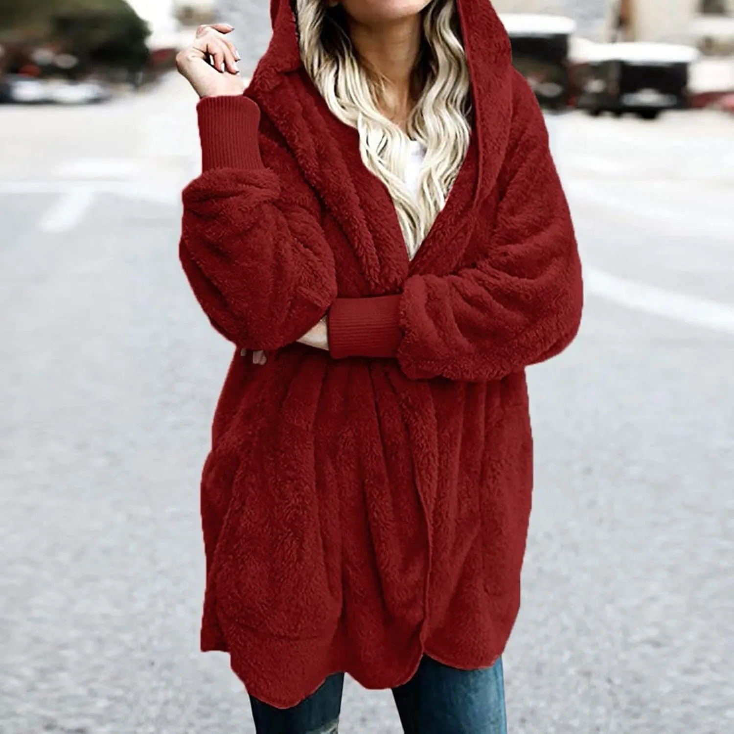 Sherpa Jacket Women Baggy Fuzzy Fleece Open Front Hooded Cardigans Jacket Fluffy Winter Coats Outerwear with Pockets