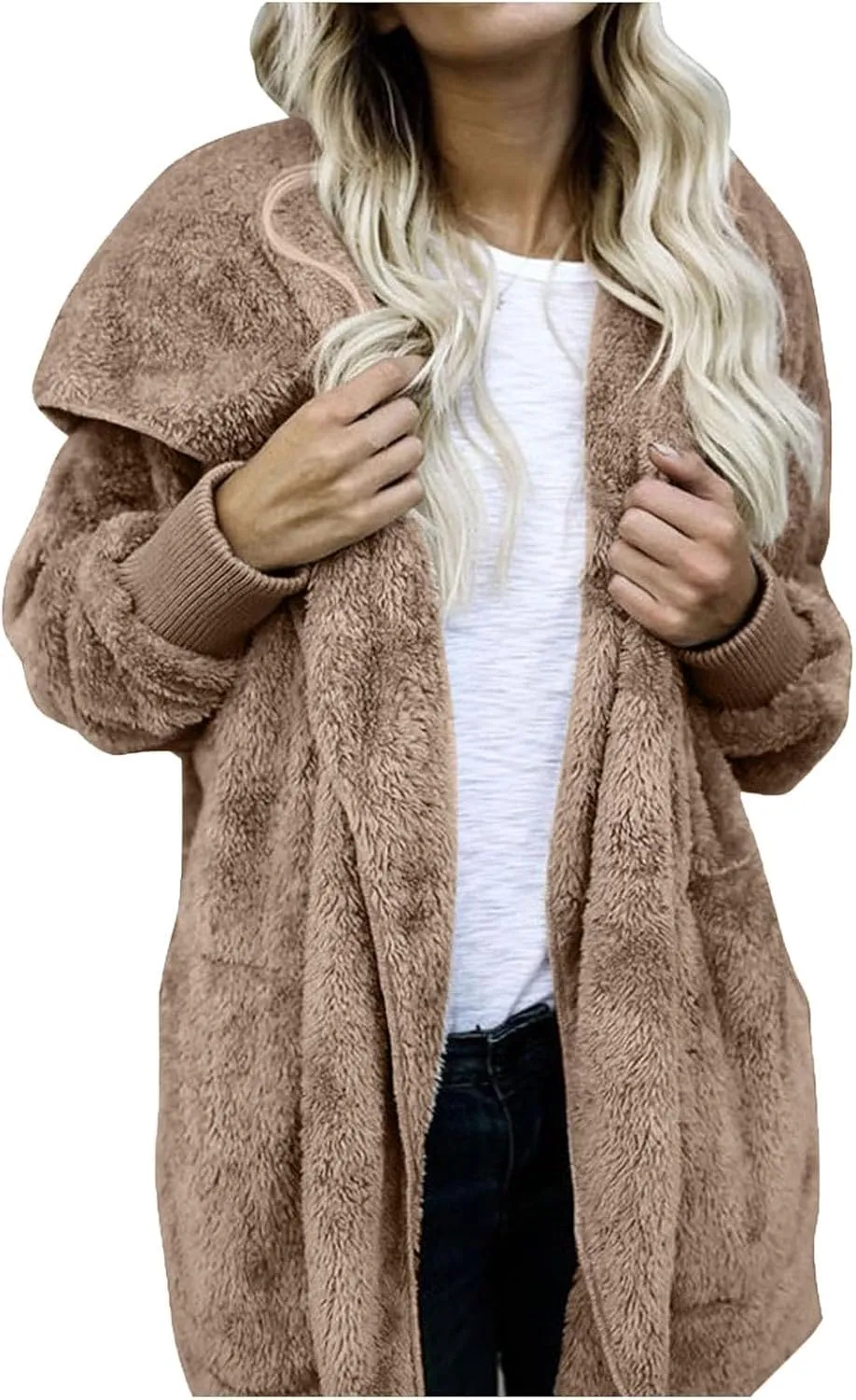 Sherpa Jacket Women Baggy Fuzzy Fleece Open Front Hooded Cardigans Jacket Fluffy Winter Coats Outerwear with Pockets