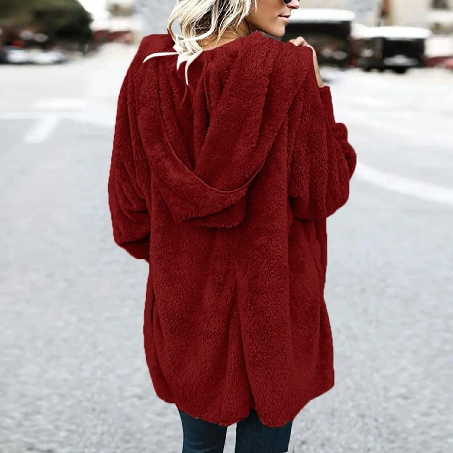 Sherpa Jacket Women Baggy Fuzzy Fleece Open Front Hooded Cardigans Jacket Fluffy Winter Coats Outerwear with Pockets