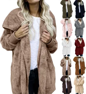 Sherpa Jacket Women Baggy Fuzzy Fleece Open Front Hooded Cardigans Jacket Fluffy Winter Coats Outerwear with Pockets
