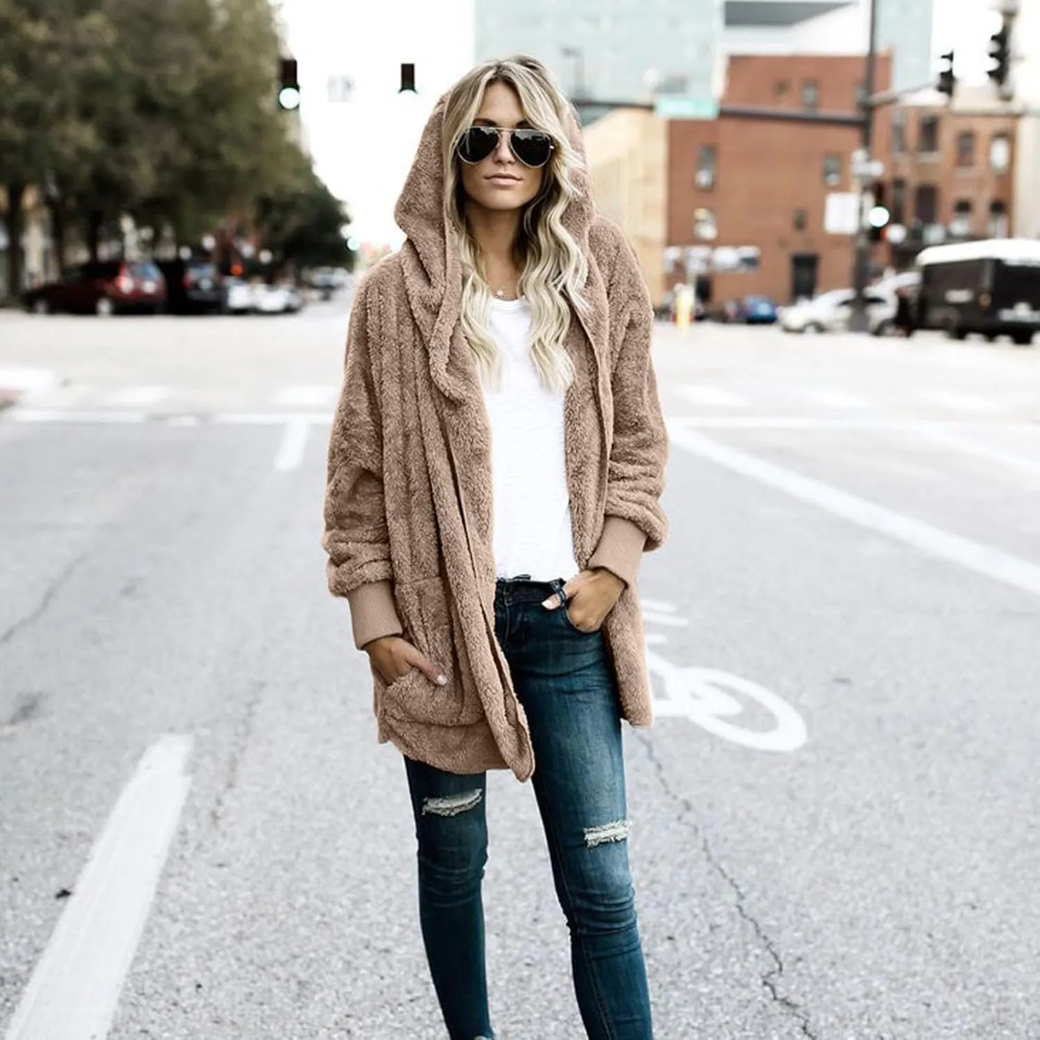 Sherpa Jacket Women Baggy Fuzzy Fleece Open Front Hooded Cardigans Jacket Fluffy Winter Coats Outerwear with Pockets