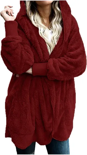Sherpa Jacket Women Baggy Fuzzy Fleece Open Front Hooded Cardigans Jacket Fluffy Winter Coats Outerwear with Pockets