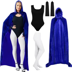 Shinymoon Women's Halloween Cosplay Costume Blue Bodysuit with Hooded Cloak Velvet Cape Satin Gloves Footed Tights Suits