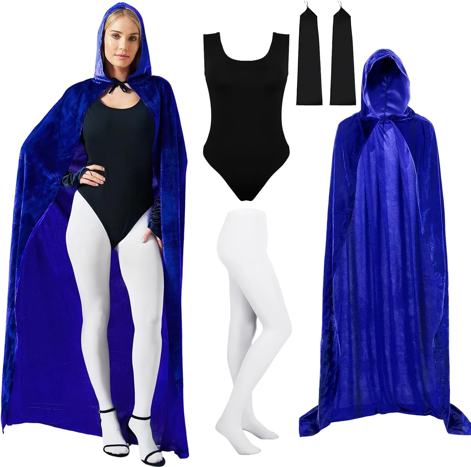Shinymoon Women's Halloween Cosplay Costume Blue Bodysuit with Hooded Cloak Velvet Cape Satin Gloves Footed Tights Suits