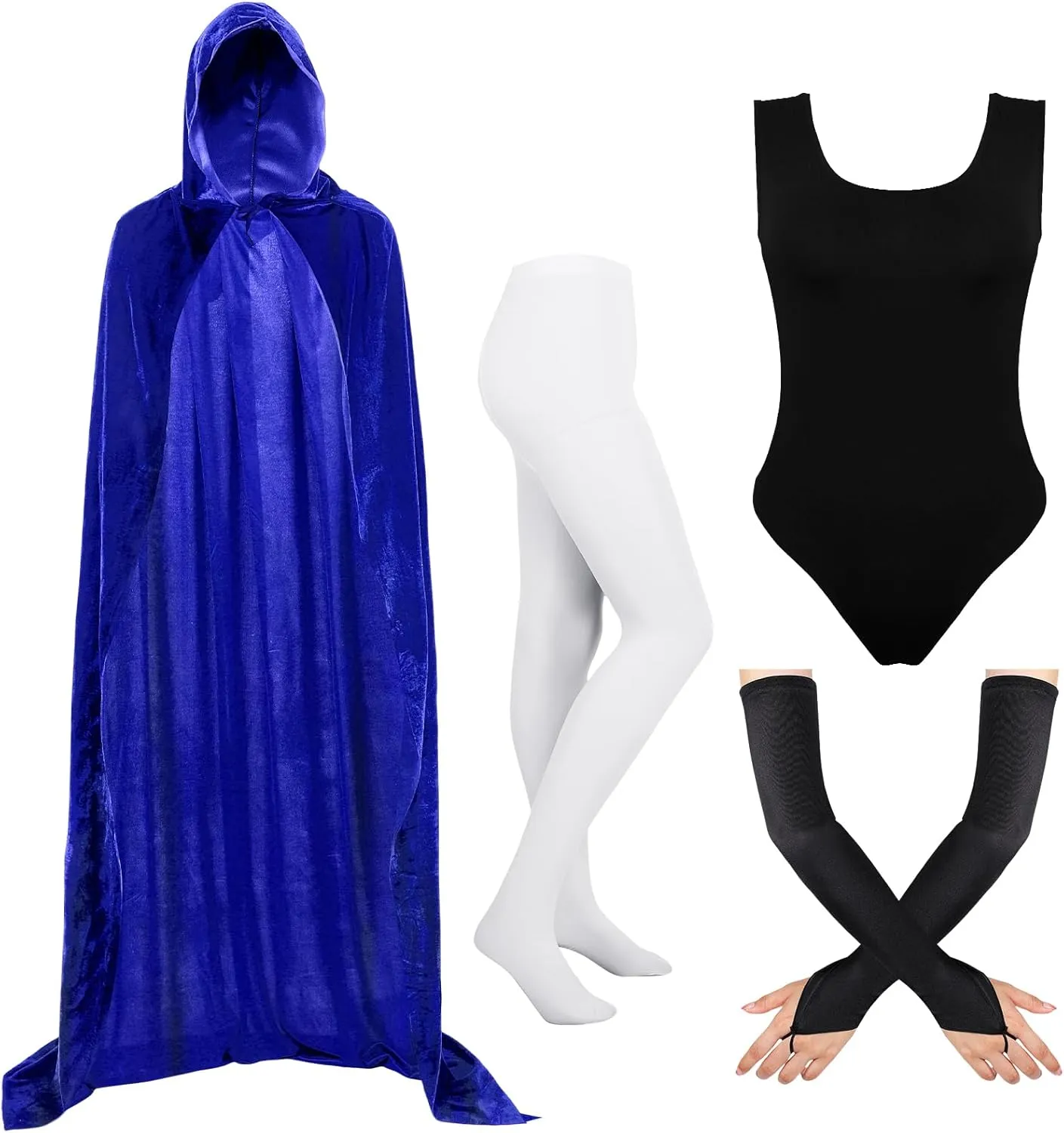 Shinymoon Women's Halloween Cosplay Costume Blue Bodysuit with Hooded Cloak Velvet Cape Satin Gloves Footed Tights Suits