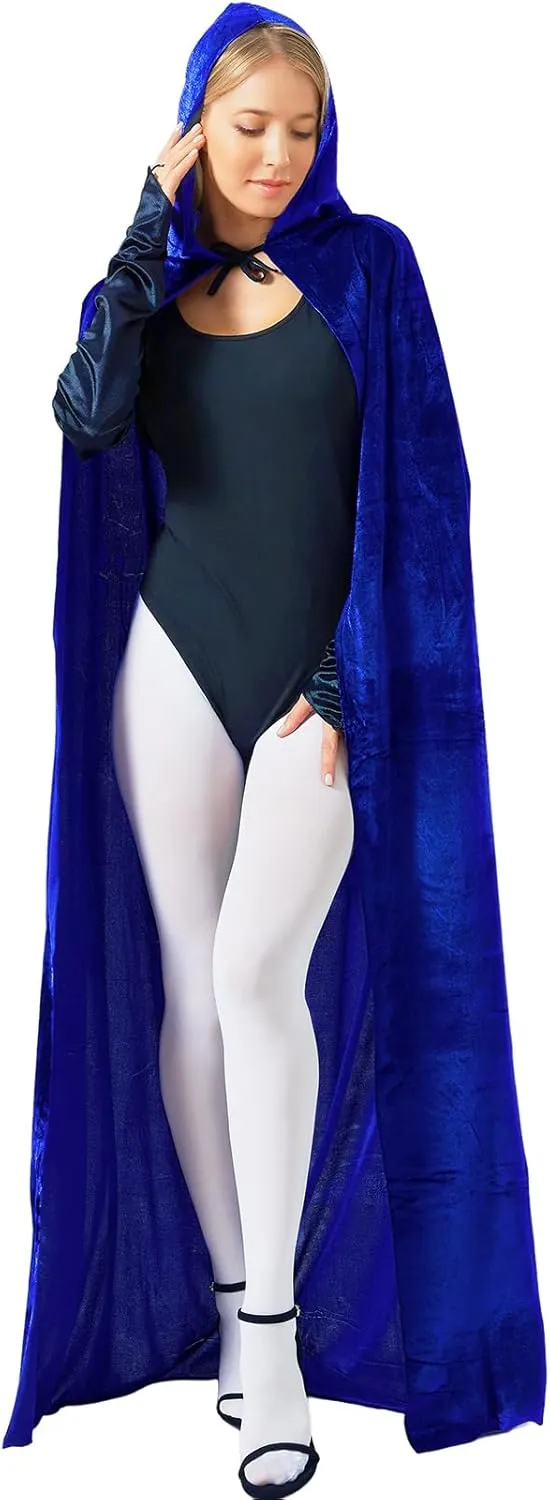 Shinymoon Women's Halloween Cosplay Costume Blue Bodysuit with Hooded Cloak Velvet Cape Satin Gloves Footed Tights Suits