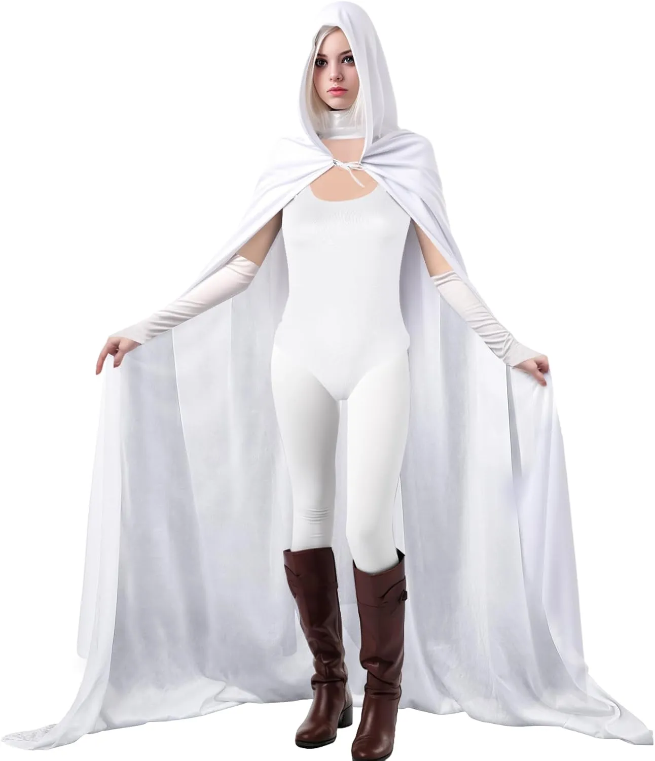Shinymoon Women's Halloween Cosplay Costume Bodysuit with Hooded Cloak Velvet Cape Satin Gloves Footed Tights Suits