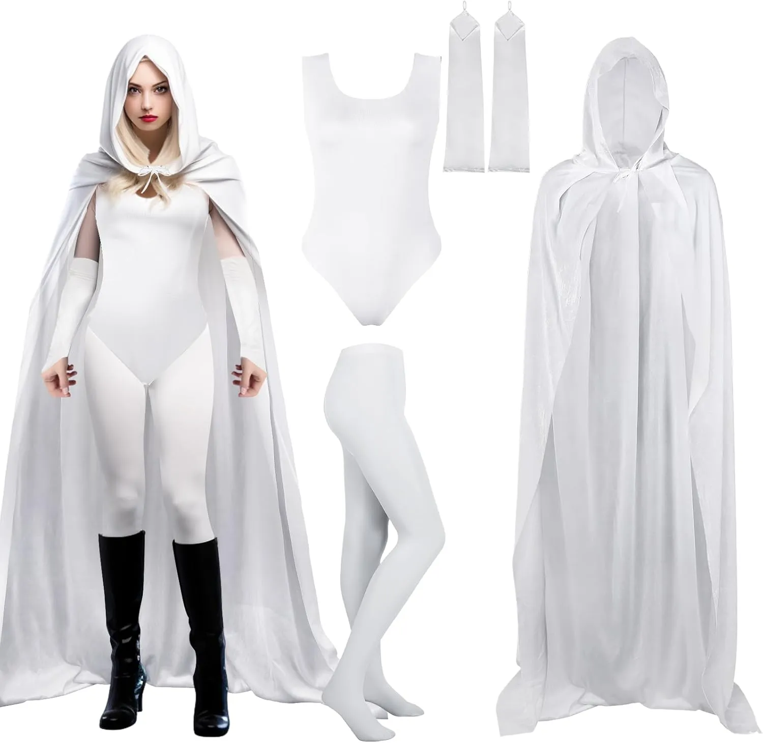 Shinymoon Women's Halloween Cosplay Costume Bodysuit with Hooded Cloak Velvet Cape Satin Gloves Footed Tights Suits