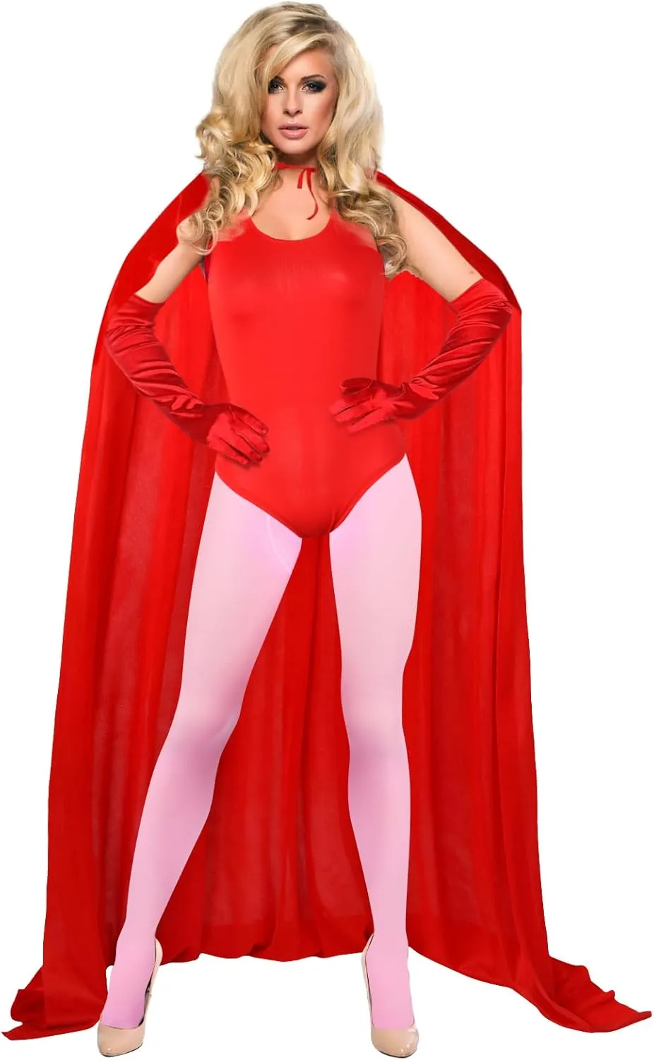 Shinymoon Women's Halloween Cosplay Costume Red Bodysuit with Hooded Cloak Velvet Cape Satin Gloves Footed Tights Suits