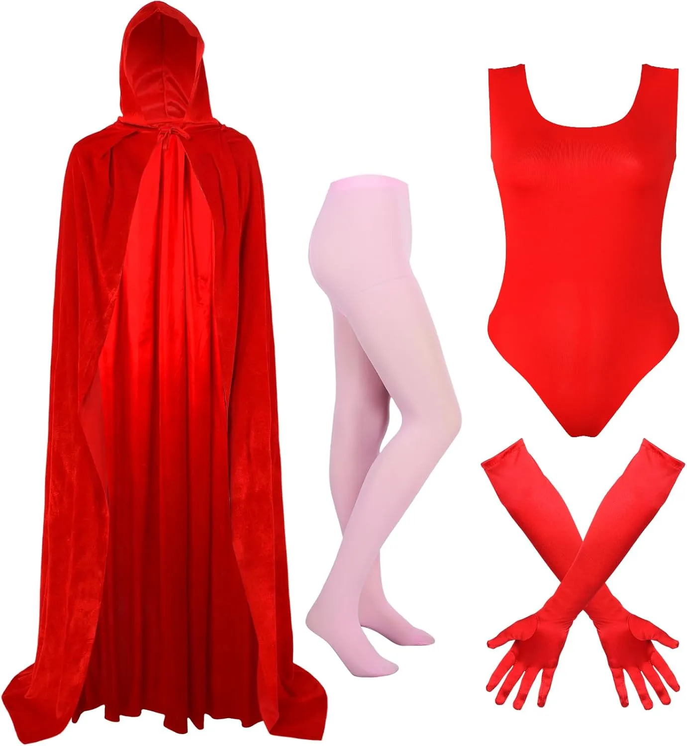 Shinymoon Women's Halloween Cosplay Costume Red Bodysuit with Hooded Cloak Velvet Cape Satin Gloves Footed Tights Suits