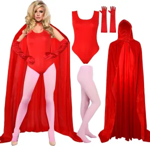 Shinymoon Women's Halloween Cosplay Costume Red Bodysuit with Hooded Cloak Velvet Cape Satin Gloves Footed Tights Suits
