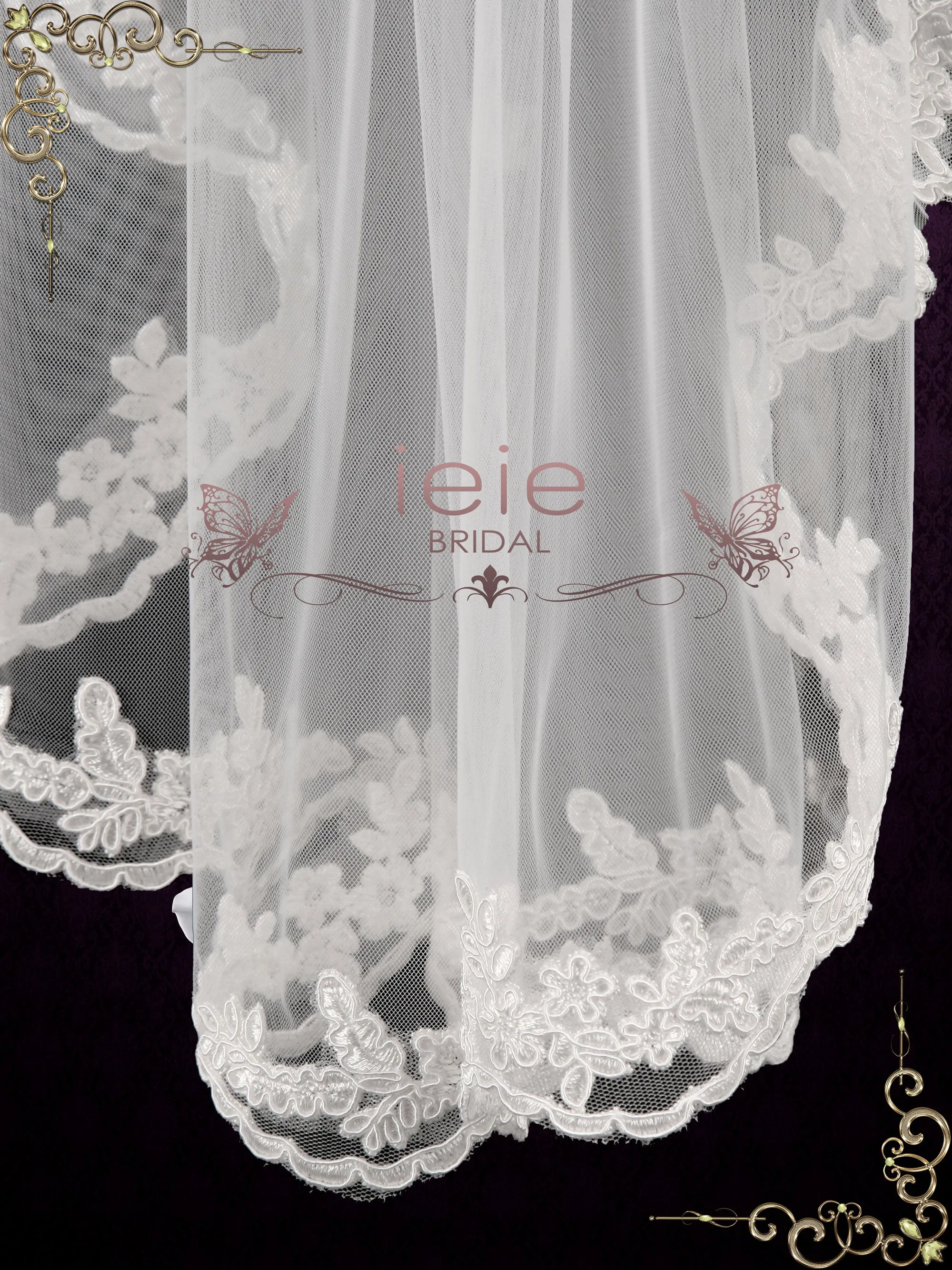 Short Elbow Length Veil with Floral Lace Edges VG1087