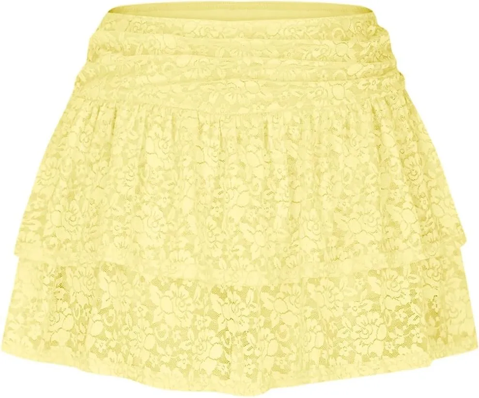 Slip Skirt for Women Lace Trim Tutu Skirt Layered White Skirt Puffy Baggy Elegant Sexy Skirts Front Ruffle Hem Skirt