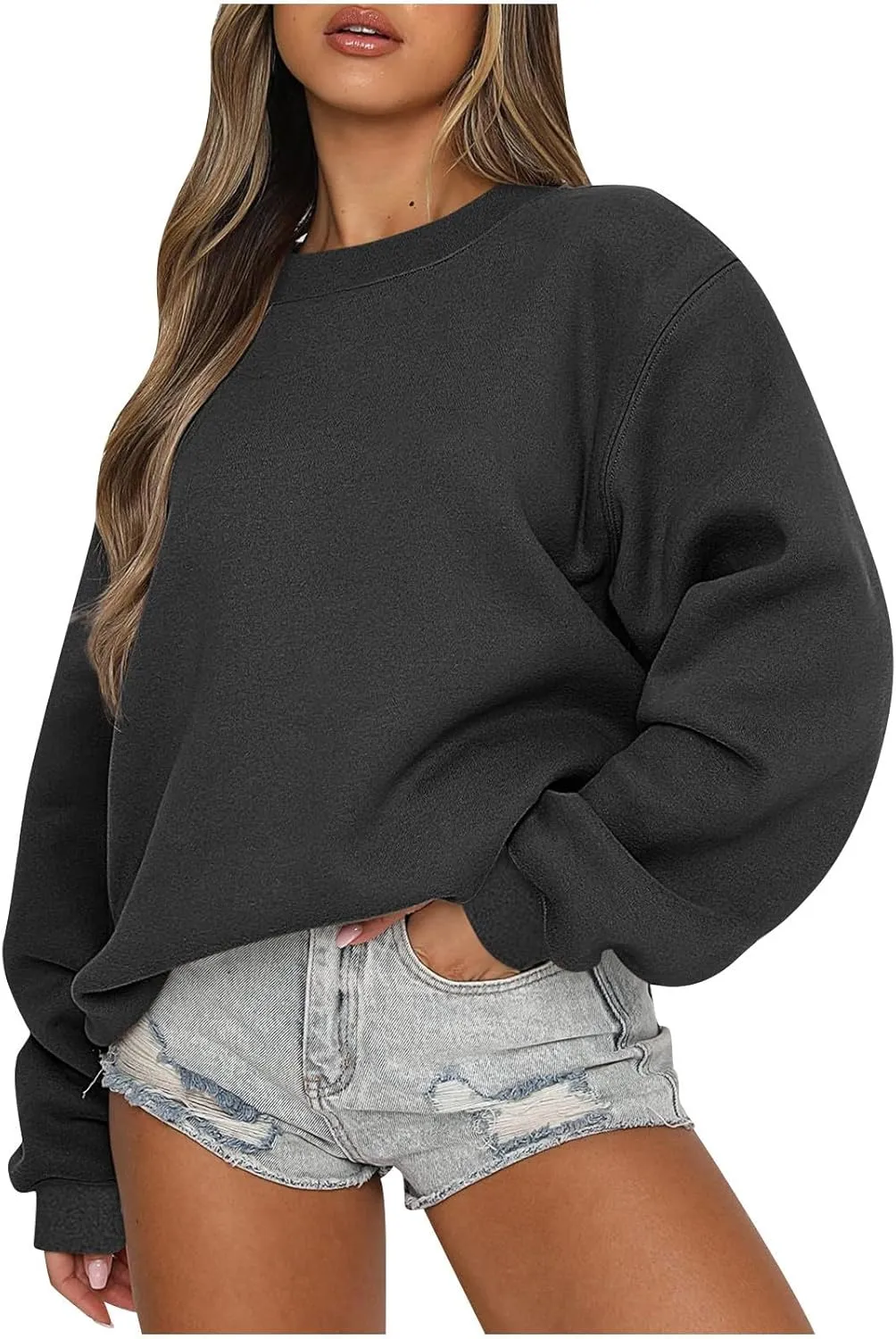 slqdgmryz Oversized Sweatshirts for Women Loose Fit Fleece Pullover Long Sleeve Crewneck Sweatshirts Solid Fall Hoodies