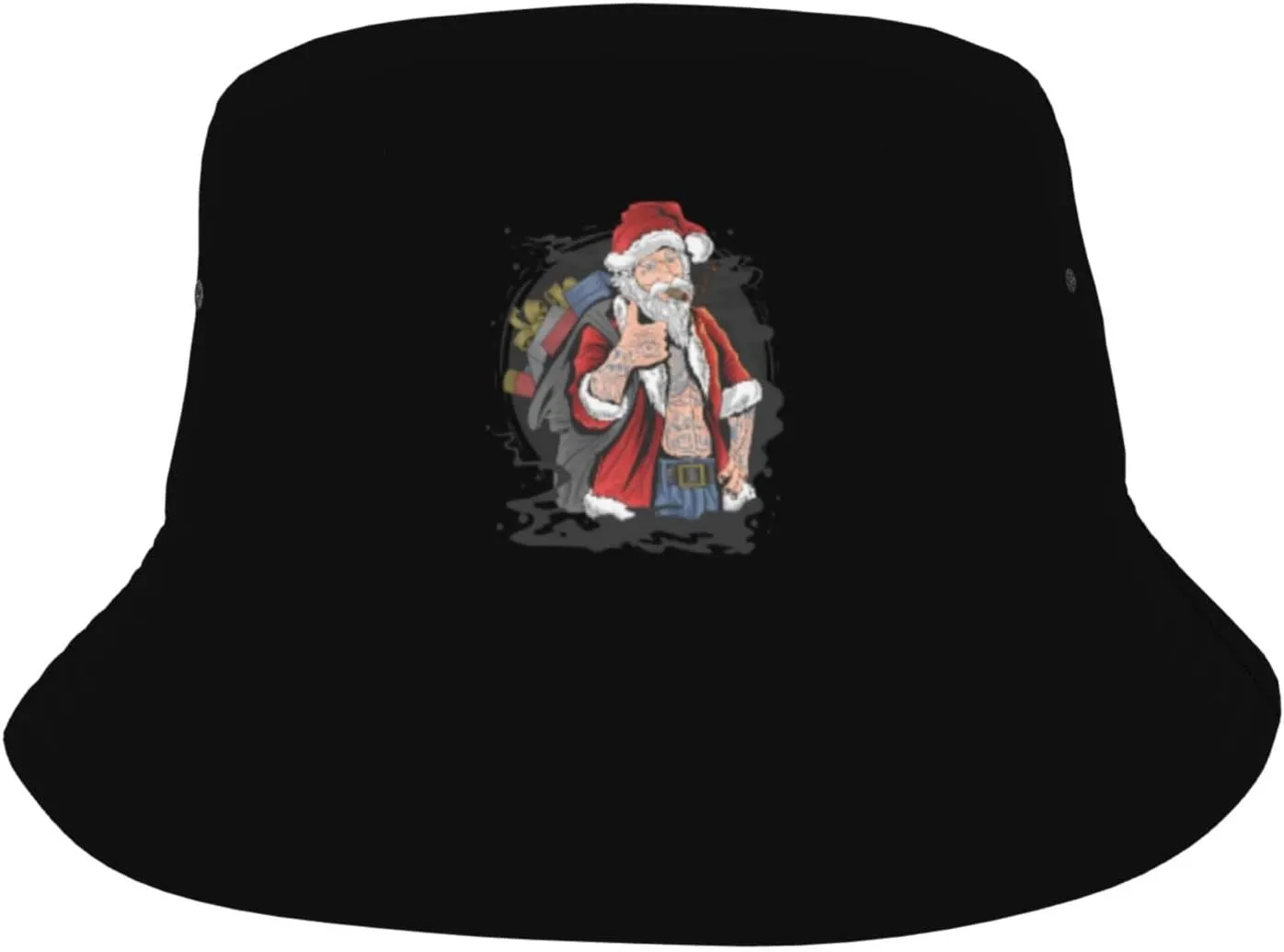Smoking Santa Carrying A Gift Bag with A Thumbs Up Bucket Hat for Women Men Bucket Hats Summer Sun Hats Beach Travel Fishing Golf Cap Black