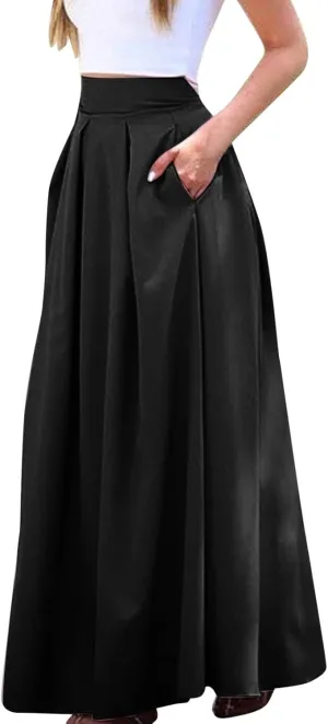 Solid Color Women Skirts Pleated with Pockets Dress Plus Size A Line High Waist Summer 2023 Modest Robe Classy Flowy
