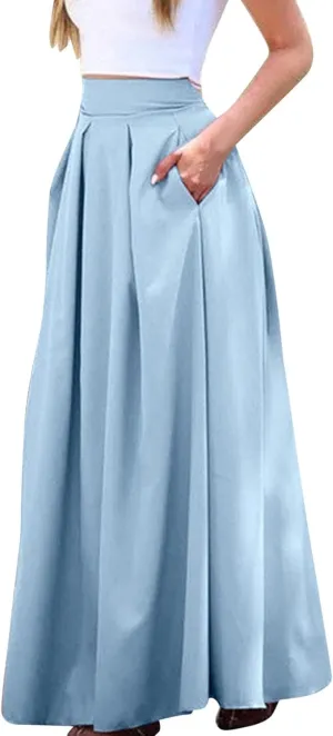 Solid Color Women Skirts Pleated with Pockets Dress Plus Size A Line High Waist Summer 2023 Modest Robe Classy Flowy