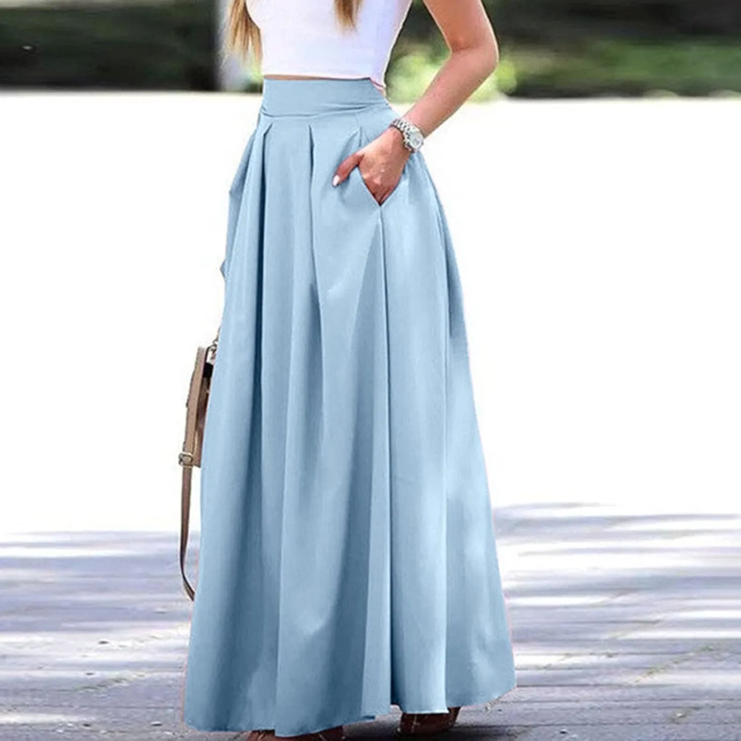 Solid Color Women Skirts Pleated with Pockets Dress Plus Size A Line High Waist Summer 2023 Modest Robe Classy Flowy