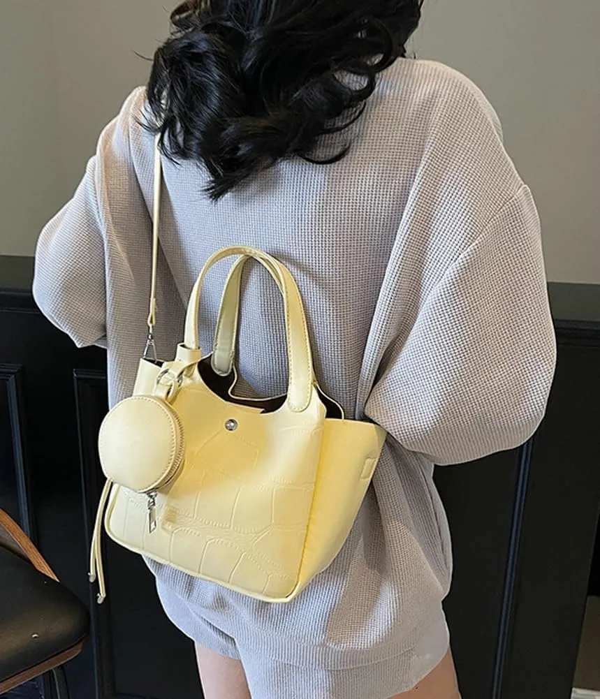 Solid PU Leather Bucket Bag Fashion Commuter Travel Shoulder Bag for Women with Practical Small Zipper Pocket 2025