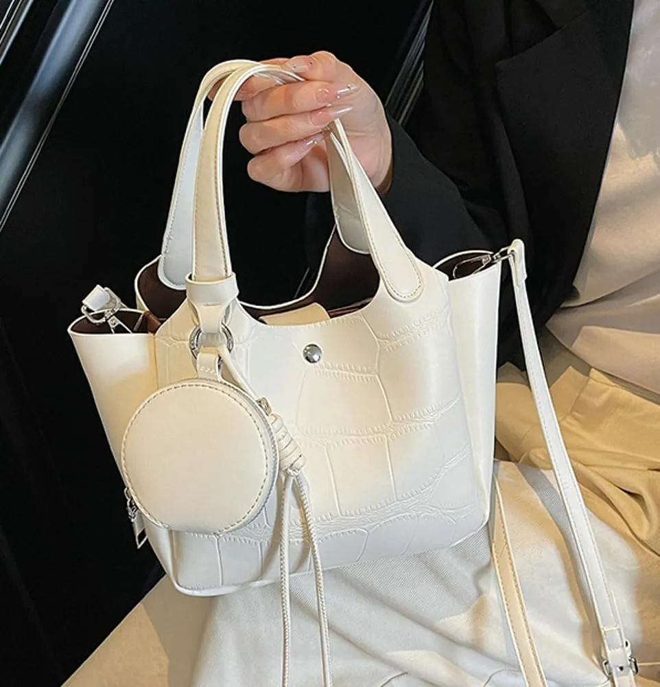 Solid PU Leather Bucket Bag Fashion Commuter Travel Shoulder Bag for Women with Practical Small Zipper Pocket 2025