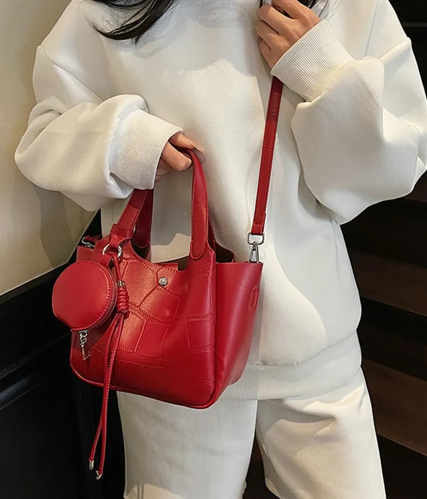 Solid PU Leather Bucket Bag Fashion Commuter Travel Shoulder Bag for Women with Practical Small Zipper Pocket 2025
