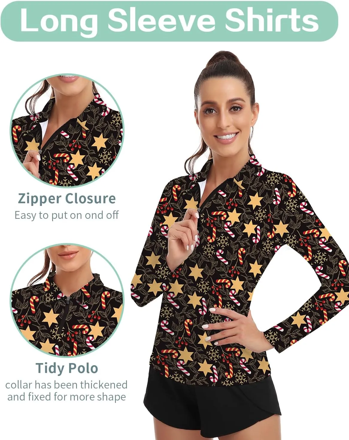 Soneven Women's Long Sleeve Golf Polo Shirts Moisture Wicking Quick Dry Half-Zip Pullover Athletic Workout Striped Tops