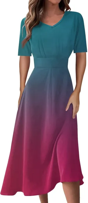 Spring Dresses for Women Short Sleeve Flowy Dresses Plus Size V Neck Casual Dresses Modest Elegant Cocktail Dresses