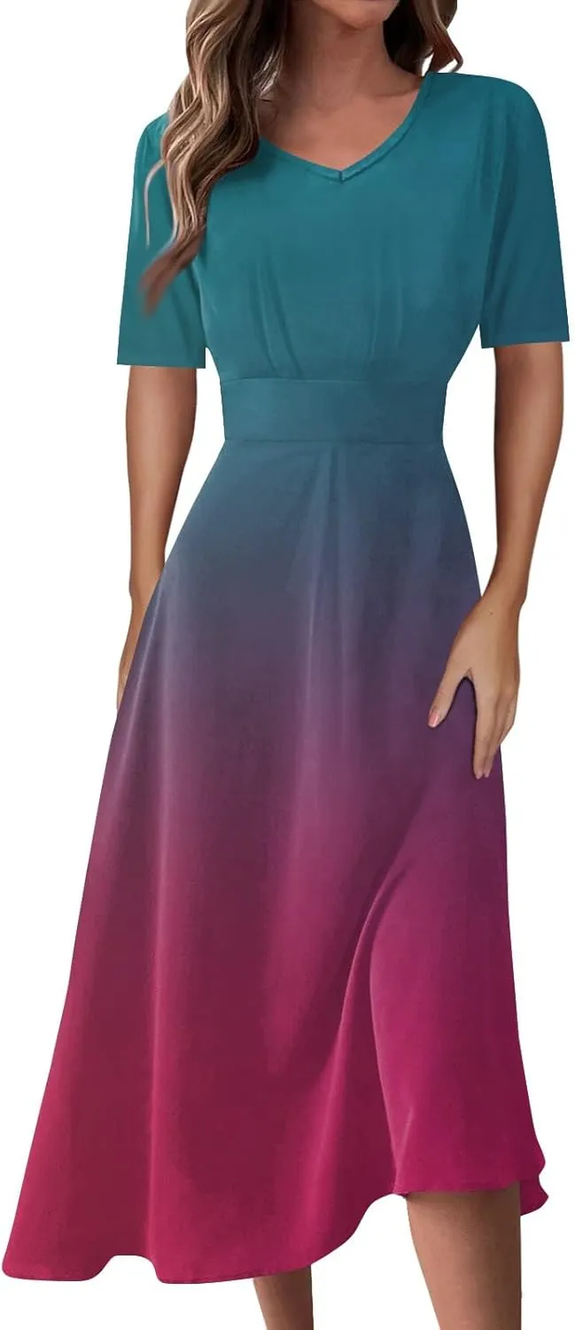 Spring Dresses for Women Short Sleeve Flowy Dresses Plus Size V Neck Casual Dresses Modest Elegant Cocktail Dresses