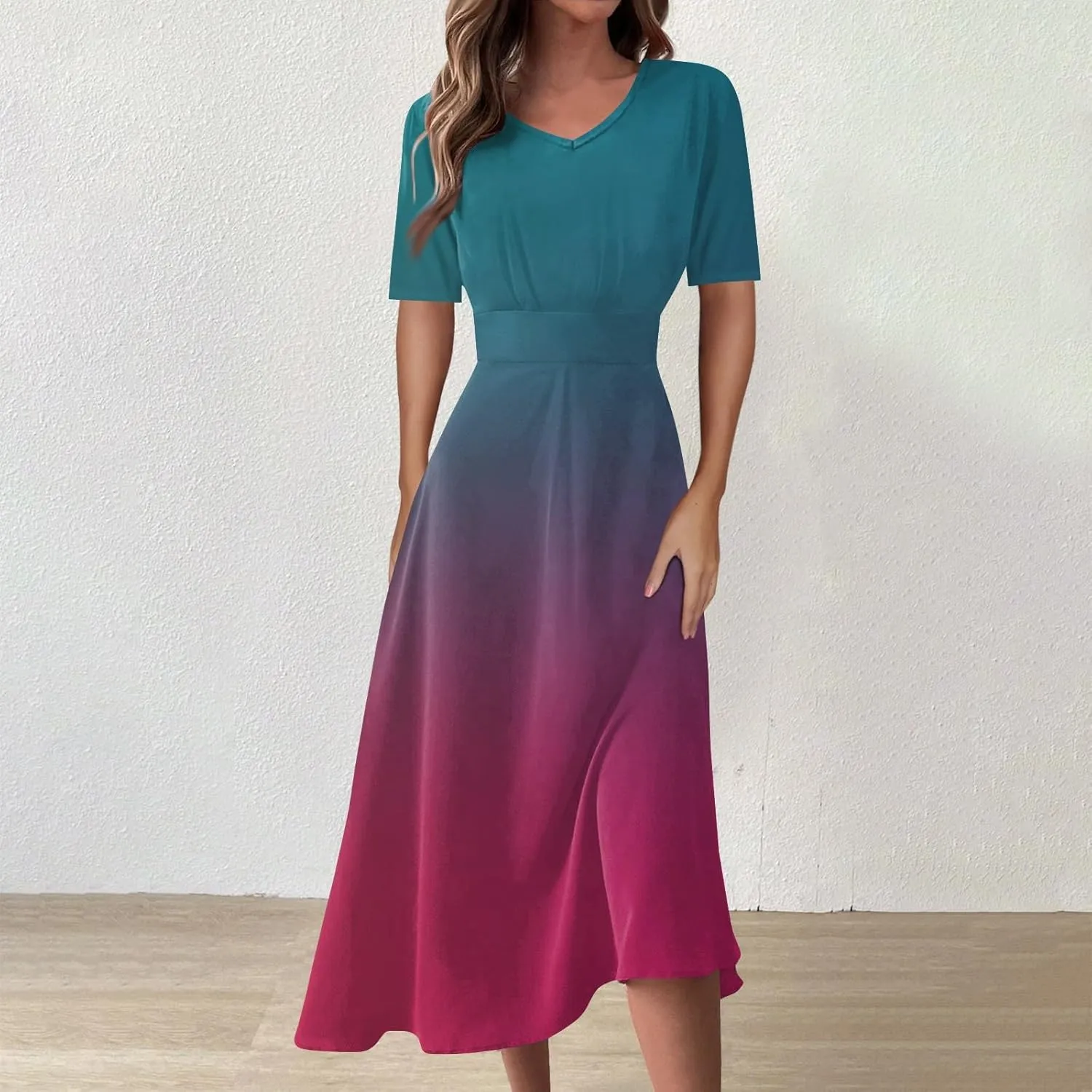Spring Dresses for Women Short Sleeve Flowy Dresses Plus Size V Neck Casual Dresses Modest Elegant Cocktail Dresses