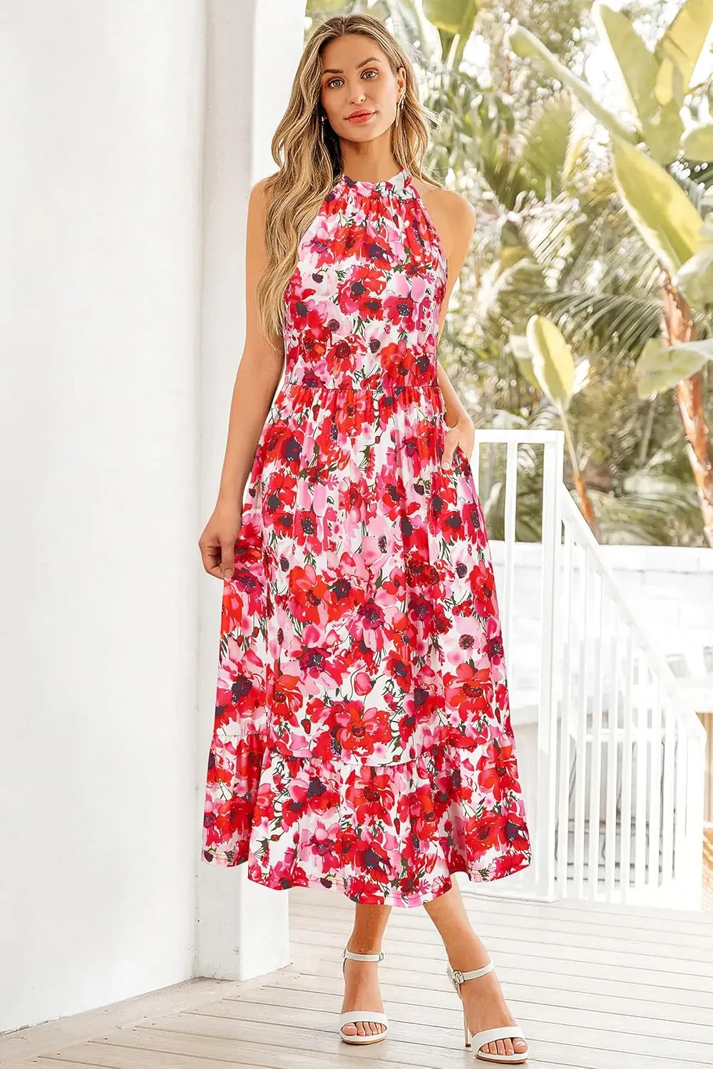 STYLEWORD Womens 2025 Summer Dress Maxi Vacation Floral Halter Neck Sleeveless Flowy Sundress with Pockets