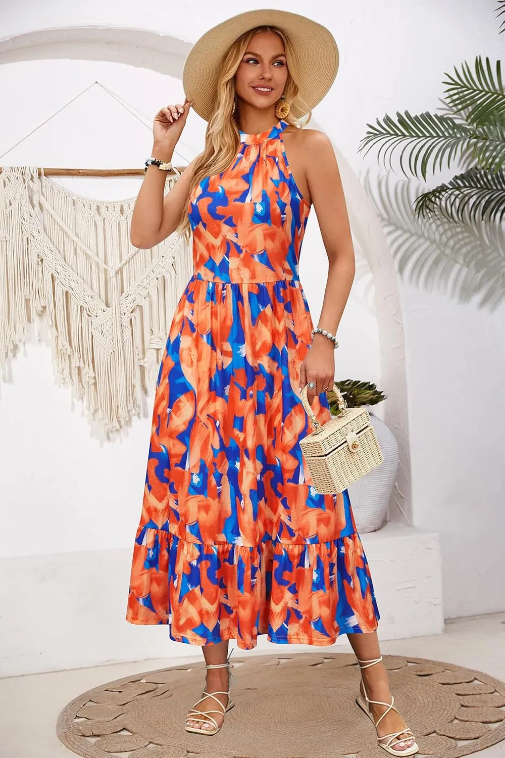 STYLEWORD Womens 2025 Summer Dress Maxi Vacation Floral Halter Neck Sleeveless Flowy Sundress with Pockets