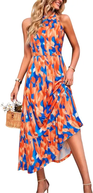 STYLEWORD Womens 2025 Summer Dress Maxi Vacation Floral Halter Neck Sleeveless Flowy Sundress with Pockets