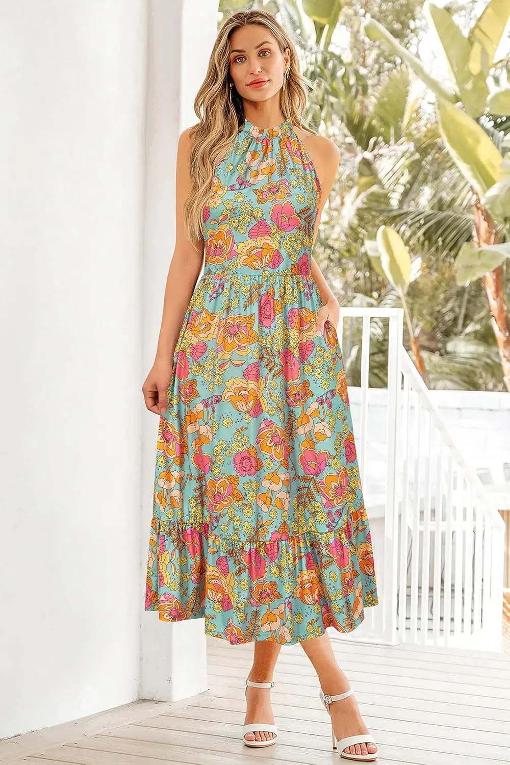 STYLEWORD Womens 2025 Summer Dress Maxi Vacation Floral Halter Neck Sleeveless Flowy Sundress with Pockets
