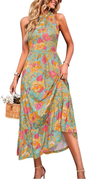 STYLEWORD Womens 2025 Summer Dress Maxi Vacation Floral Halter Neck Sleeveless Flowy Sundress with Pockets