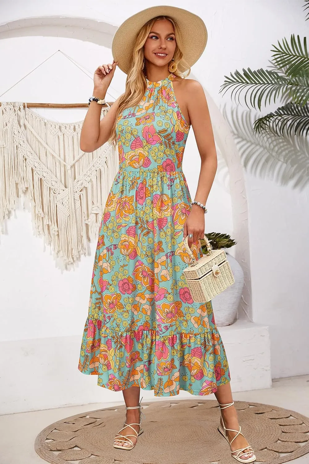 STYLEWORD Womens 2025 Summer Dress Maxi Vacation Floral Halter Neck Sleeveless Flowy Sundress with Pockets