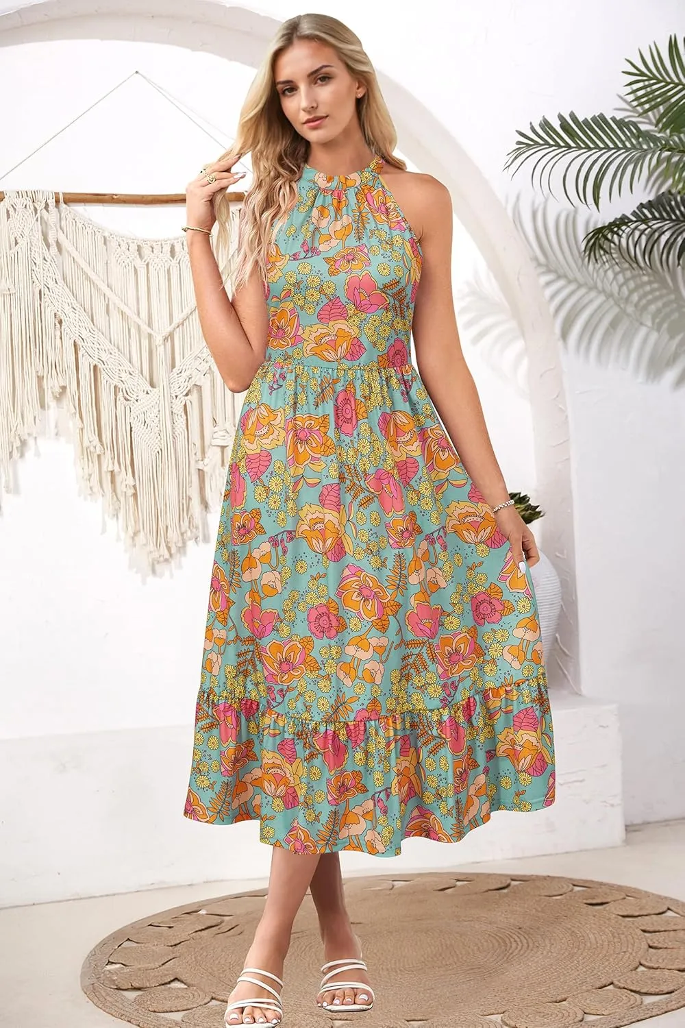 STYLEWORD Womens 2025 Summer Dress Maxi Vacation Floral Halter Neck Sleeveless Flowy Sundress with Pockets