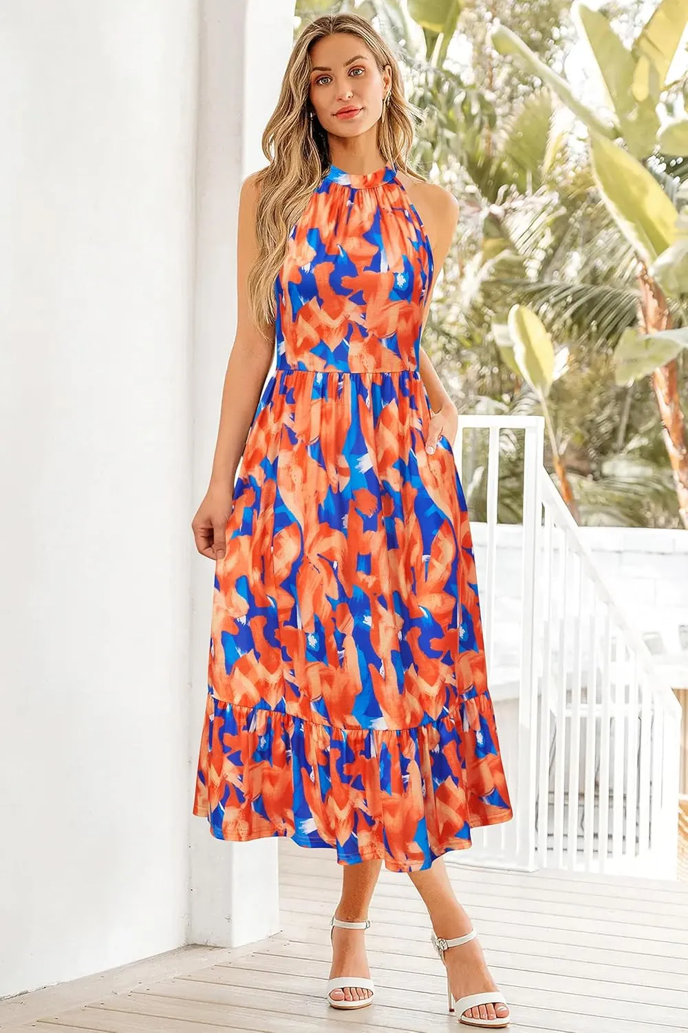 STYLEWORD Womens 2025 Summer Dress Maxi Vacation Floral Halter Neck Sleeveless Flowy Sundress with Pockets