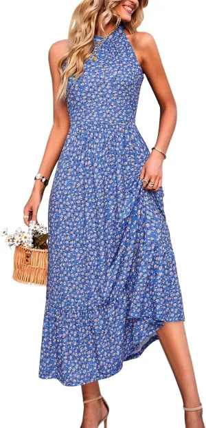STYLEWORD Womens 2025 Summer Dress Maxi Vacation Floral Halter Neck Sleeveless Flowy Sundress with Pockets