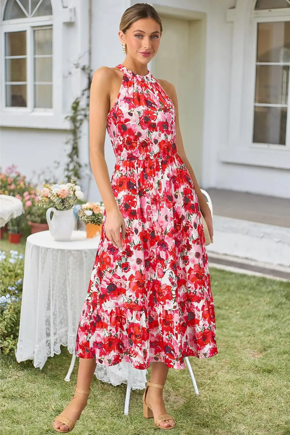 STYLEWORD Womens 2025 Summer Dress Maxi Vacation Floral Halter Neck Sleeveless Flowy Sundress with Pockets