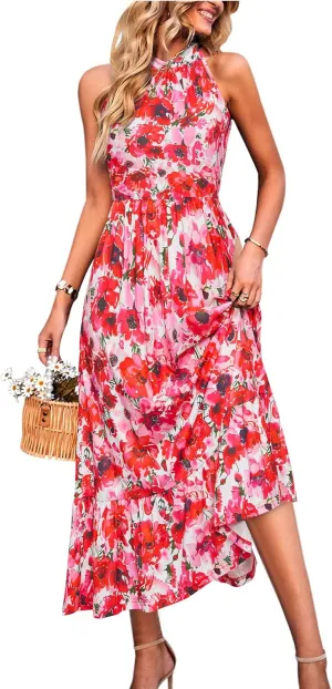 STYLEWORD Womens 2025 Summer Dress Maxi Vacation Floral Halter Neck Sleeveless Flowy Sundress with Pockets