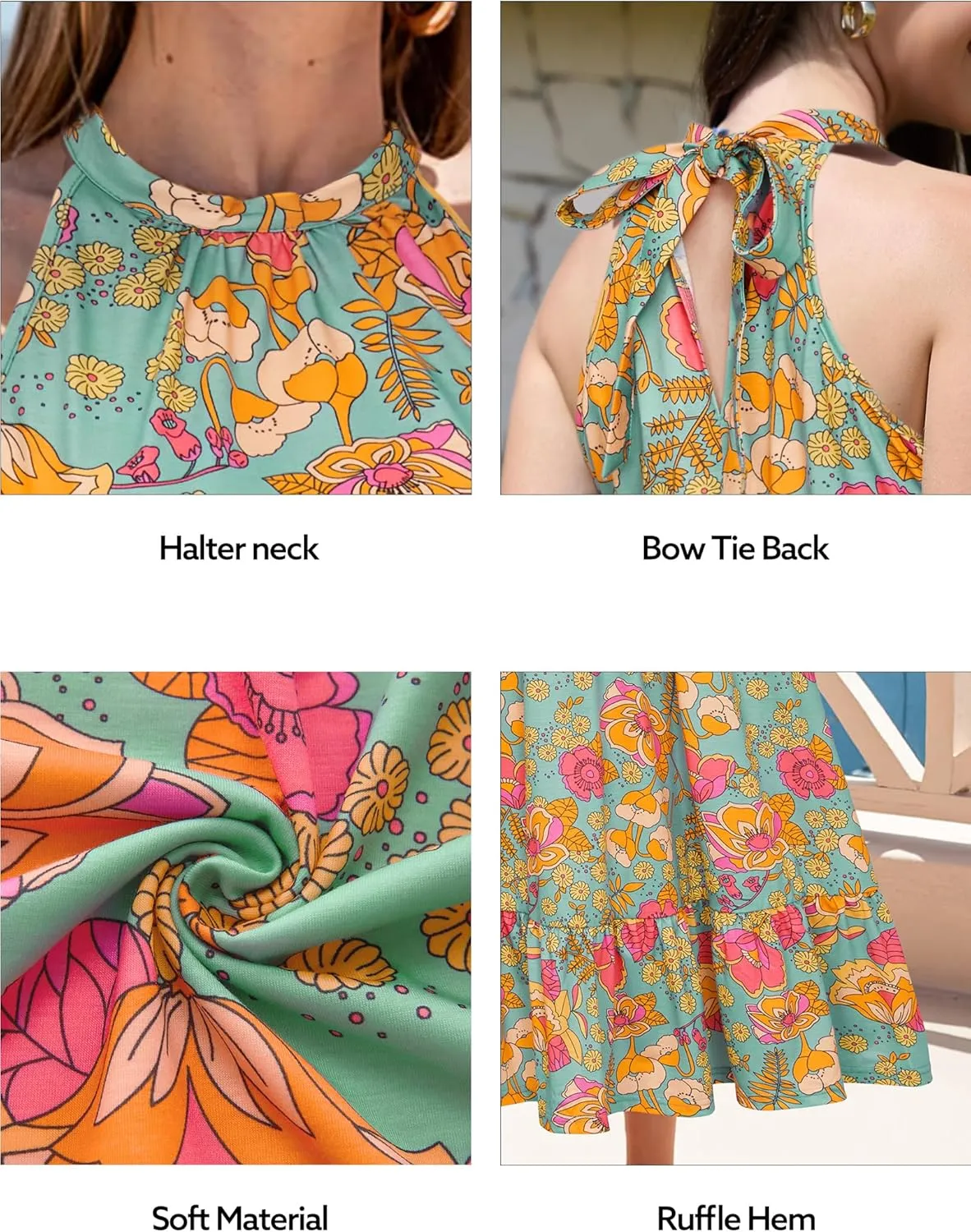 STYLEWORD Womens 2025 Summer Dress Maxi Vacation Floral Halter Neck Sleeveless Flowy Sundress with Pockets