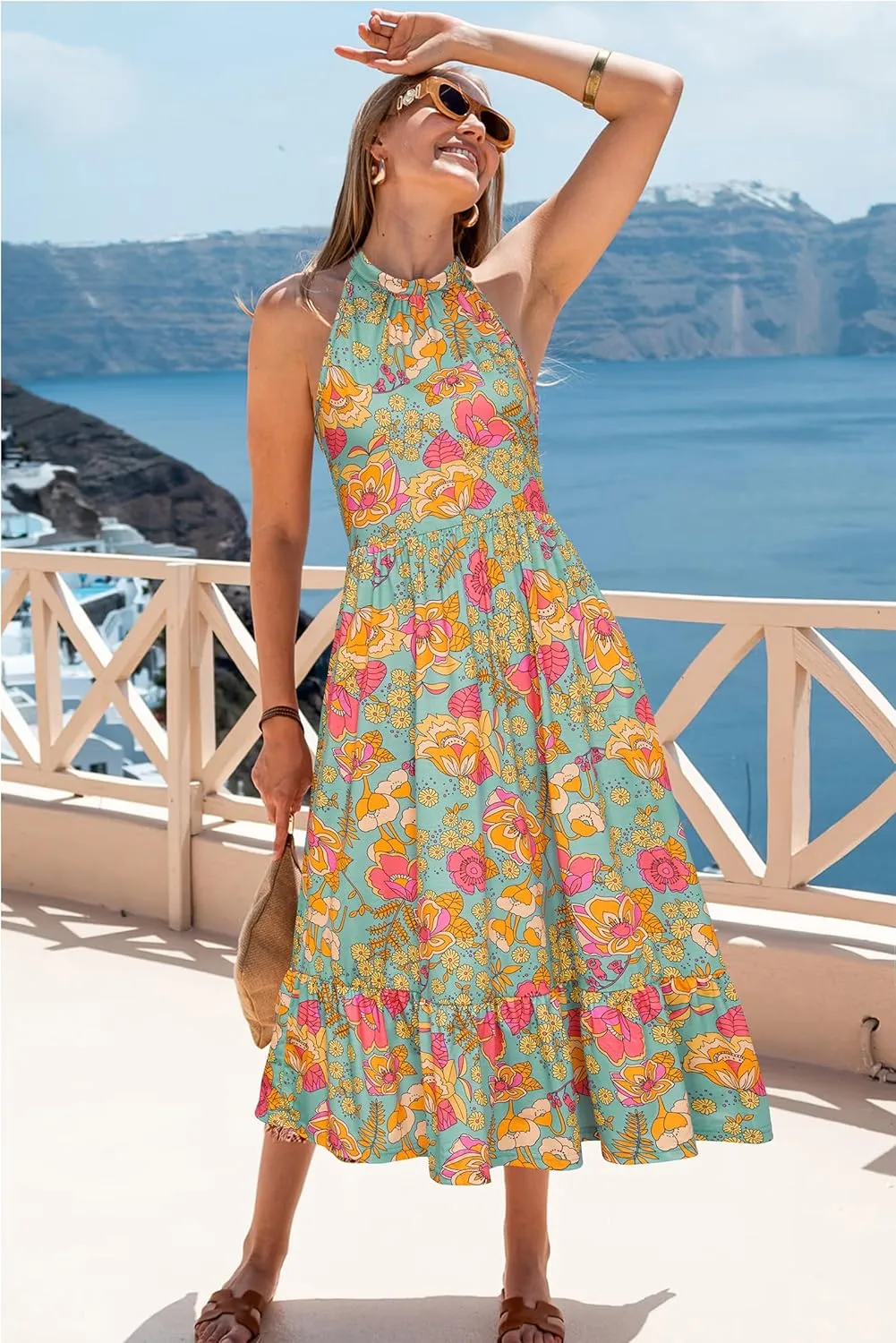 STYLEWORD Womens 2025 Summer Dress Maxi Vacation Floral Halter Neck Sleeveless Flowy Sundress with Pockets