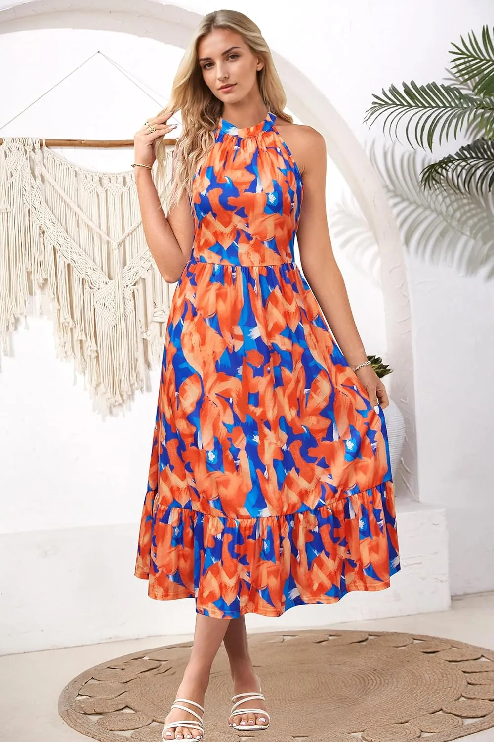 STYLEWORD Womens 2025 Summer Dress Maxi Vacation Floral Halter Neck Sleeveless Flowy Sundress with Pockets