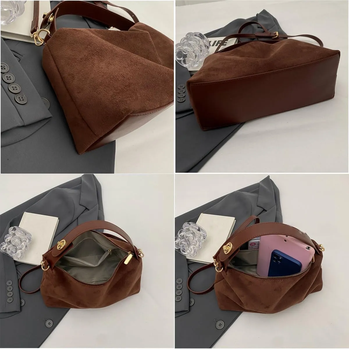 Suede Bag Purse Bags for Women Hobo Crossbody Handbags Tote Slouchy Purses Shoulder Handbag Crescent Satchel