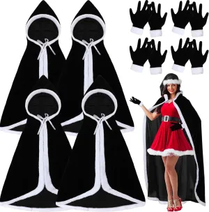 Suhine 4 Set Christmas Costumes Cloak Santa Claus Velvet Santa Hooded Cape Robe with Furry Cuff Gloves for Women
