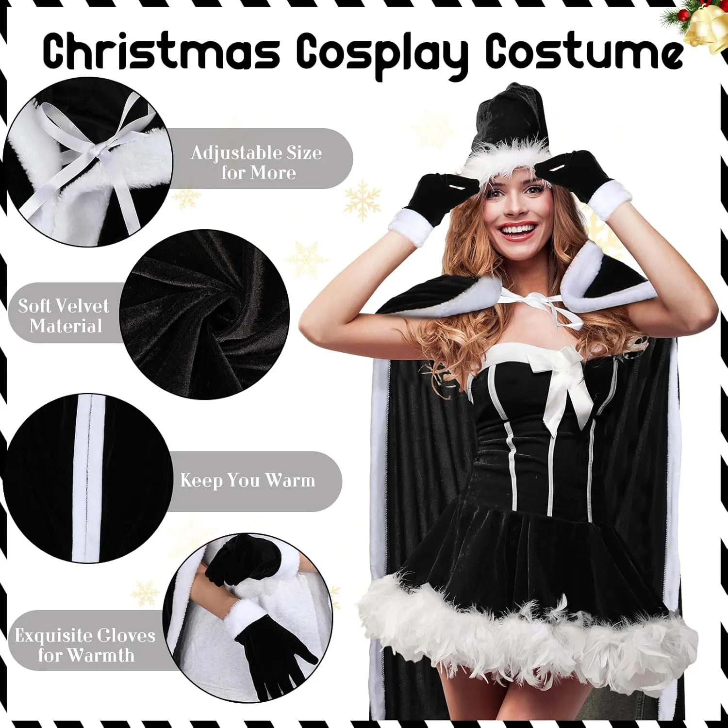 Suhine 4 Set Christmas Costumes Cloak Santa Claus Velvet Santa Hooded Cape Robe with Furry Cuff Gloves for Women