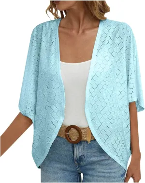 Summer Cardigans for Women Lightweight Kimono Cardigan Short Sleeve Eyelet Loose Fit Beach Wear Casual Cover Up Tops