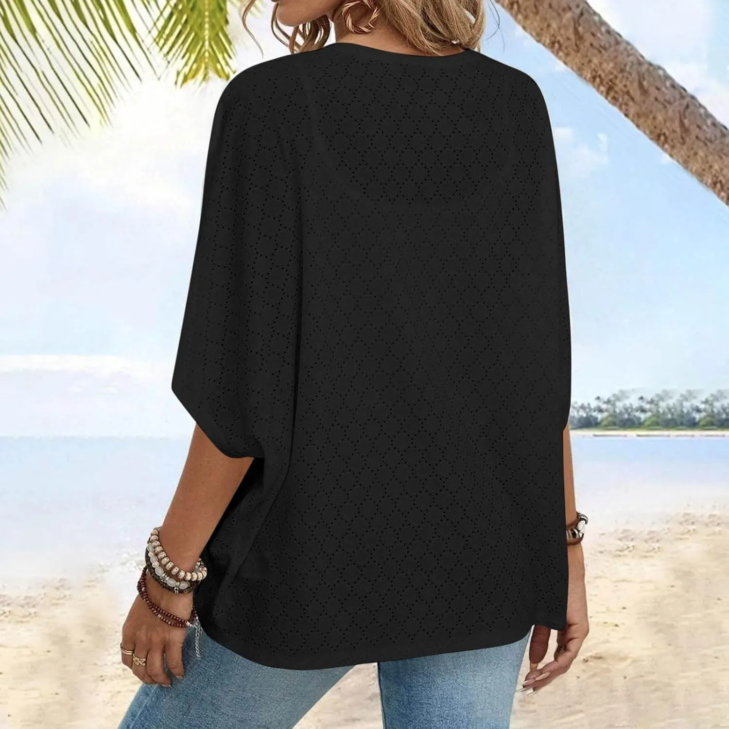 Summer Cardigans for Women Lightweight Kimono Cardigan Short Sleeve Eyelet Loose Fit Beach Wear Casual Cover Up Tops